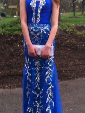 Blue Sequin Embellished Sleeveless Gown for Weddings